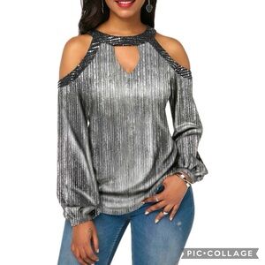 Rotita Boutique Iridescent & Shimmer Metallic Pleated Cold Shoulder Halter Top